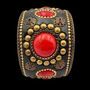 Iris Apfel & Bajalia Multi Colored Studded Thick Cuff Bangle Bracelet Brass